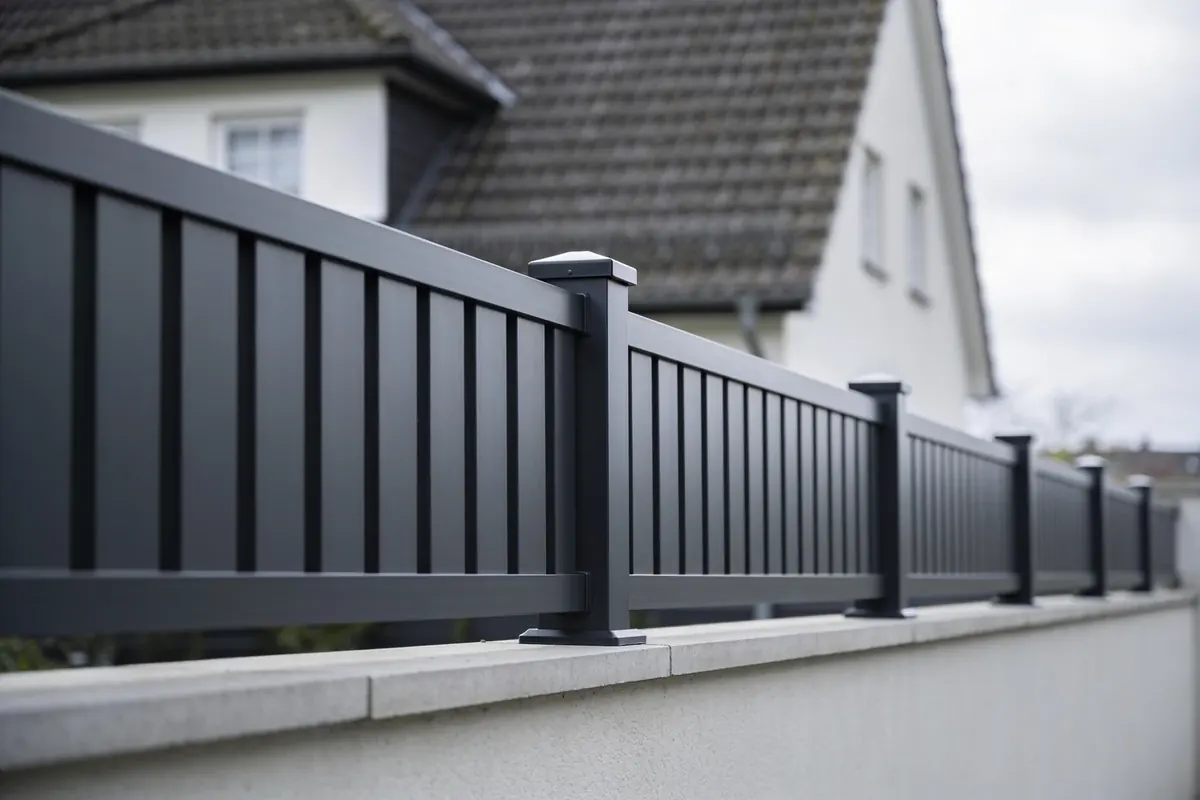 Klassischer Aluminiumzaun mit senkrechten Latten auf einer niedrigen Mauer