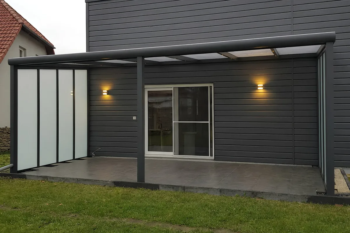 Anthrazitfarbene Terrassenüberdachung an einem dunkel verkleideten Haus, an der Seite eine milchige Wand aus vier Feldern