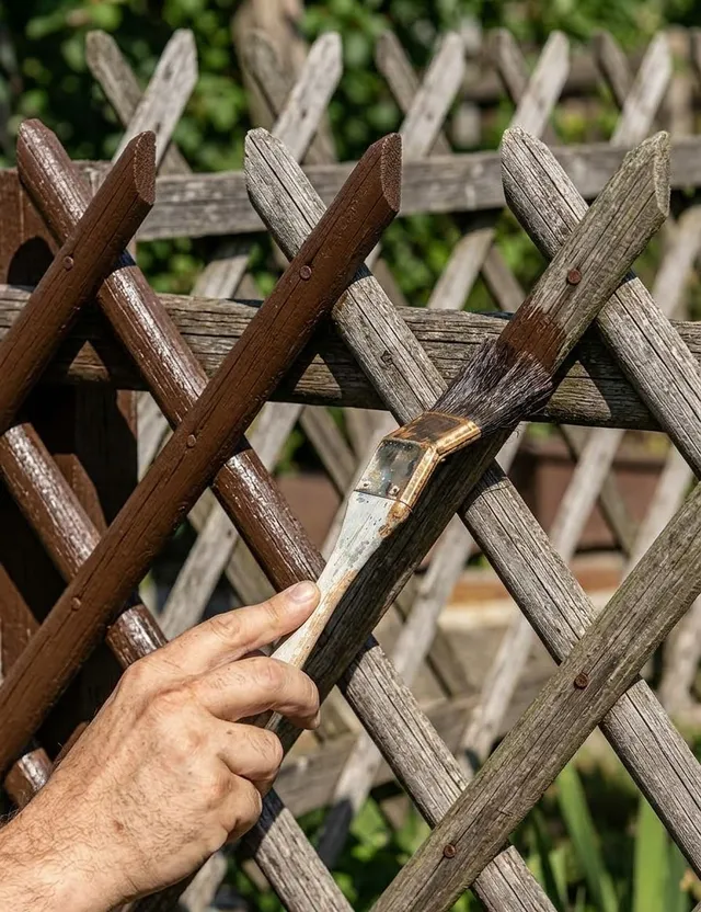 Alter Holzzaun wird mit dem Pinsel neu gestrichen