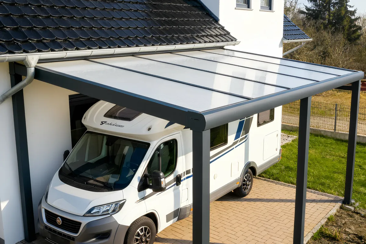 Carport mit lichtdurchlässigem Dach und anthrazitfarbenem Rahmen über einem Wohnmobil an einem Einfamilienhaus